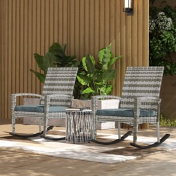 Outsunny Outdoor PE Rattan Rocking Chair Set of 2, Garden Rocking Chair Set with Armrest and Cushion, Light Grey - Aosom UK - thumbnail 2