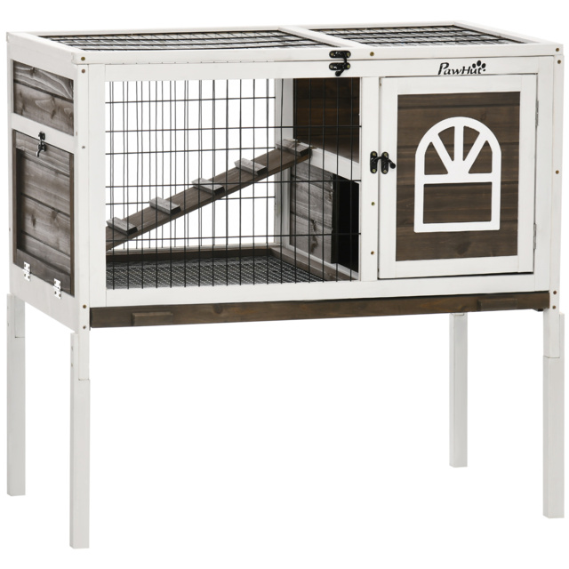 PawHut Wooden Rabbit Hutch with Openable Roof, Elevated Guinea Pig Cage with Ladder, Small Animal House w/ Slide-out Tray 90 x 53 x 87cm Coffee Brown - image 1