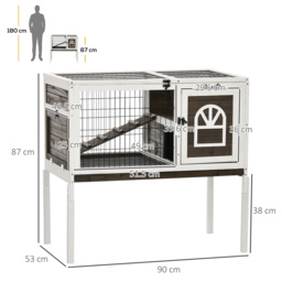 PawHut Wooden Rabbit Hutch with Openable Roof, Elevated Guinea Pig Cage with Ladder, Small Animal House w/ Slide-out Tray 90 x 53 x 87cm Coffee Brown - thumbnail 3