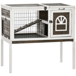 PawHut Wooden Rabbit Hutch with Openable Roof, Elevated Guinea Pig Cage with Ladder, Small Animal House w/ Slide-out Tray 90 x 53 x 87cm Coffee Brown - thumbnail 1