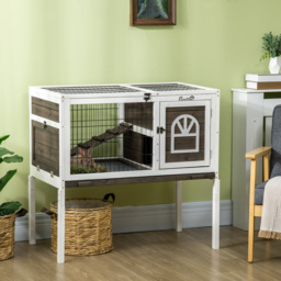 PawHut Wooden Rabbit Hutch with Openable Roof, Elevated Guinea Pig Cage with Ladder, Small Animal House w/ Slide-out Tray 90 x 53 x 87cm Coffee Brown - thumbnail 2