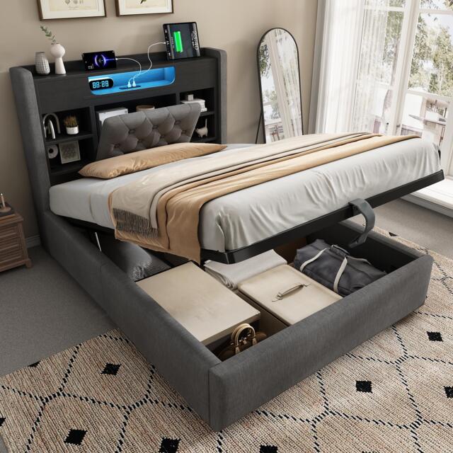 Upholstered Linen Bed Frame with Ambient LED Lighting, 4ft6 Double Bed with Hydraulic Under-Bed Storage, 213L x 143W x 115H cm, Grey - Aosom UK - image 1