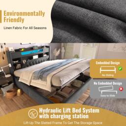Upholstered Linen Bed Frame with Ambient LED Lighting, 4ft6 Double Bed with Hydraulic Under-Bed Storage, 213L x 143W x 115H cm, Grey - Aosom UK - thumbnail 5