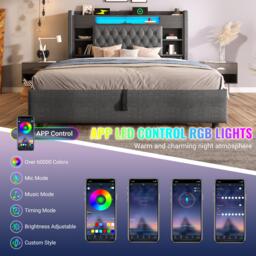 Upholstered Linen Bed Frame with Ambient LED Lighting, 4ft6 Double Bed with Hydraulic Under-Bed Storage, 213L x 143W x 115H cm, Grey - Aosom UK - thumbnail 6
