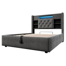 Upholstered Linen Bed Frame with Ambient LED Lighting, 4ft6 Double Bed with Hydraulic Under-Bed Storage, 213L x 143W x 115H cm, Grey - Aosom UK - thumbnail 2