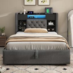 Upholstered Linen Bed Frame with Ambient LED Lighting, 4ft6 Double Bed with Hydraulic Under-Bed Storage, 213L x 143W x 115H cm, Grey - Aosom UK - thumbnail 8