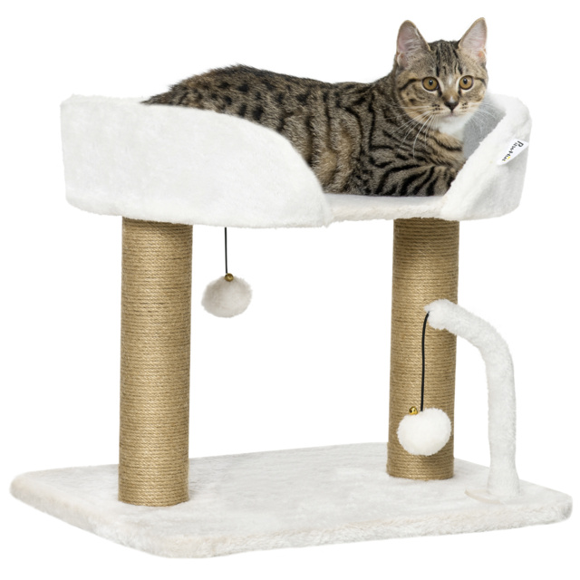 PawHut Kitten Climber: Indoor Cat Tree with Sisal Scratcher, Cosy Bed & Toy Balls, White Tower - Aosom UK - image 1