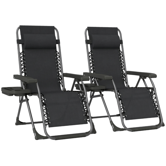 Outsunny Zero Gravity Chairs Set of 2, Folding Sunloungers Reclining Garden Chairs with Cup Holder, Headrest, Black - image 1