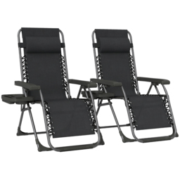 Outsunny Zero Gravity Chairs Set of 2, Folding Sunloungers Reclining Garden Chairs with Cup Holder, Headrest, Black - thumbnail 1
