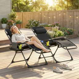 Outsunny Zero Gravity Chairs Set of 2, Folding Sunloungers Reclining Garden Chairs with Cup Holder, Headrest, Black - thumbnail 2
