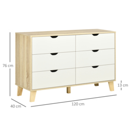 HOMCOM 6-Drawer Wide Chest, Storage Organiser Unit with Wooden Legs for Bedroom, Living Room, White and Light Oak - Aosom UK - thumbnail 3