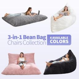 3-In-1 Convertible Bean Bag Chair with Corduroy Fabric, Memory Foam Lounger with Removable, Washable Cover, 185L x 132W cm, Light Gray - Aosom UK - thumbnail 4