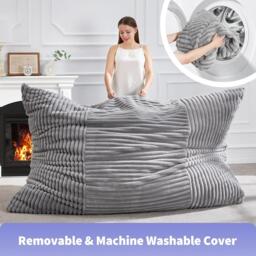 3-In-1 Convertible Bean Bag Chair with Corduroy Fabric, Memory Foam Lounger with Removable, Washable Cover, 185L x 132W cm, Light Gray - Aosom UK - thumbnail 6