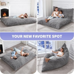 3-In-1 Convertible Bean Bag Chair with Corduroy Fabric, Memory Foam Lounger with Removable, Washable Cover, 185L x 132W cm, Light Gray - Aosom UK - thumbnail 5