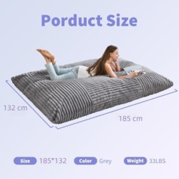 3-In-1 Convertible Bean Bag Chair with Corduroy Fabric, Memory Foam Lounger with Removable, Washable Cover, 185L x 132W cm, Light Gray - Aosom UK - thumbnail 3