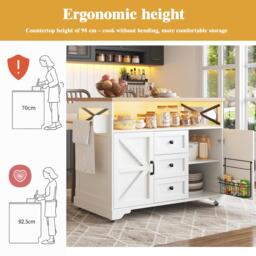 Mobile Kitchen Island with Drop-Leaf Table and Multi-Tier Snack Shelves, Serving Cart with App-Controlled LED, 120L x 72W x 98H cm, White - Aosom UK - thumbnail 5