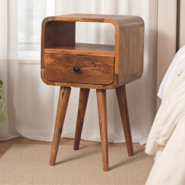 100% Solid Mango Wood Mini Bedside Table with Unique Grain, Handcrafted Desk with Drawer and Open Shelf, 30L x 30W x 55H cm, Brown - Aosom UK - image 1