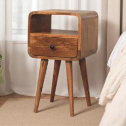 100% Solid Mango Wood Mini Bedside Table with Unique Grain, Handcrafted Desk with Drawer and Open Shelf, 30L x 30W x 55H cm, Brown - Aosom UK - thumbnail 1