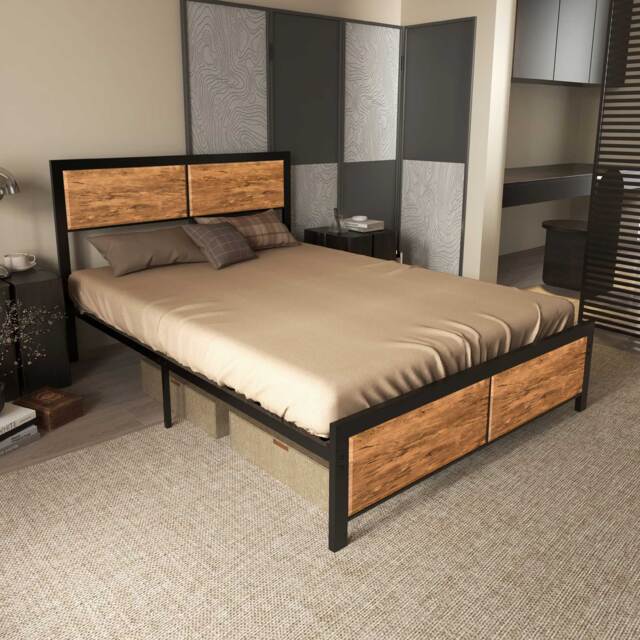 HOMCOM Industrial Double Bed Frame, 5FT Steel Bed Base w/ Headboard, Footboard, Slatted Support & Under Bed Storage, 147 x 197cm, Brown - Aosom UK - image 1
