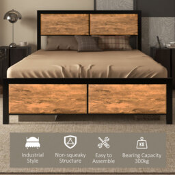 HOMCOM Industrial Double Bed Frame, 5FT Steel Bed Base w/ Headboard, Footboard, Slatted Support & Under Bed Storage, 147 x 197cm, Brown - Aosom UK - thumbnail 4