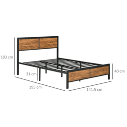 HOMCOM Industrial Double Bed Frame, 5FT Steel Bed Base w/ Headboard, Footboard, Slatted Support & Under Bed Storage, 147 x 197cm, Brown - Aosom UK - thumbnail 3