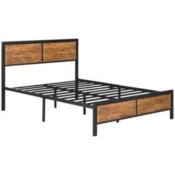HOMCOM Industrial Double Bed Frame, 5FT Steel Bed Base w/ Headboard, Footboard, Slatted Support & Under Bed Storage, 147 x 197cm, Brown - Aosom UK - thumbnail 1