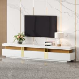 Luxury TV Stand with 3 Drawers and Faux Marble Top for 89-Inch TV, Entertainment Centre with Golden Panel Design, 200L x 40W x 42H cm, White- Aosom.UK