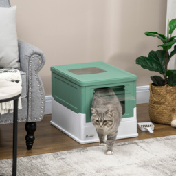 PawHut Enclosed Cat Litter Box with Scoop, Front Entry & Top Exit, Spacious Portable Pet Toilet, 47.5 x 35.5 x 36.7 cm, Green - Aosom UK - thumbnail 2