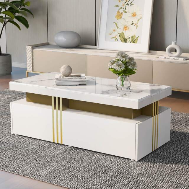 Modern Rectangular Coffee Table with Marble Veneer Top and 2 Wooden Drawers, Table in Trendy Design for Living Room, 100x50x40 cm, White - Aosom UK - image 1