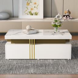 Modern Rectangular Coffee Table with Marble Veneer Top and 2 Wooden Drawers, Table in Trendy Design for Living Room, 100x50x40 cm, White - Aosom UK - thumbnail 8