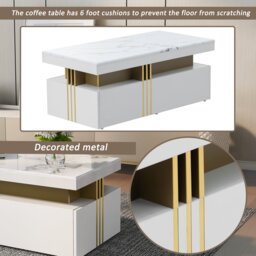 Modern Rectangular Coffee Table with Marble Veneer Top and 2 Wooden Drawers, Table in Trendy Design for Living Room, 100x50x40 cm, White - Aosom UK - thumbnail 4