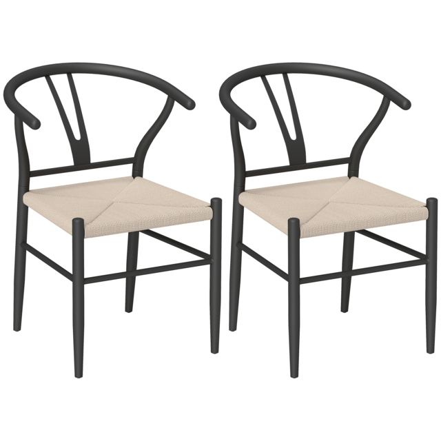 HOMCOM Set of Two Weave Dining Chairs with Y-Shaped Backrest Hemp Seat - Black/Beige - image 1