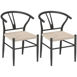 HOMCOM Set of Two Weave Dining Chairs with Y-Shaped Backrest Hemp Seat - Black/Beige - thumbnail 1