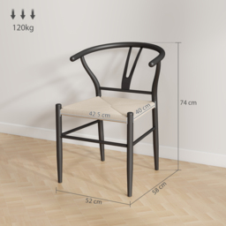 HOMCOM Set of Two Weave Dining Chairs with Y-Shaped Backrest Hemp Seat - Black/Beige - thumbnail 3
