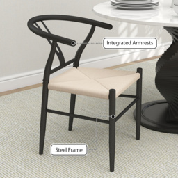 HOMCOM Set of Two Weave Dining Chairs with Y-Shaped Backrest Hemp Seat - Black/Beige - thumbnail 5