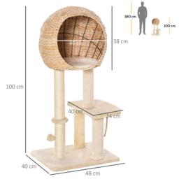 PawHut Cat tree Cat Tower 100cm Climbing Activity Center with Sisal Scratching Post Condo Perch Hanging Balls Teasing Rope Toy Cushion - Aosom UK - thumbnail 3