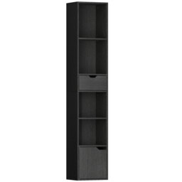 HOMCOM 6-Tier Bookcase, Tall Narrow Bookshelf with Drawer and Door - Black - thumbnail 1