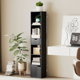 HOMCOM 6-Tier Bookcase, Tall Narrow Bookshelf with Drawer and Door - Black - thumbnail 2