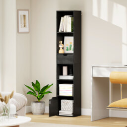 HOMCOM 6-Tier Bookcase, Tall Narrow Bookshelf with Drawer and Door - Black - thumbnail 9