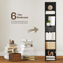 HOMCOM 6-Tier Bookcase, Tall Narrow Bookshelf with Drawer and Door - Black - thumbnail 4