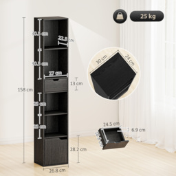 HOMCOM 6-Tier Bookcase, Tall Narrow Bookshelf with Drawer and Door - Black - thumbnail 3