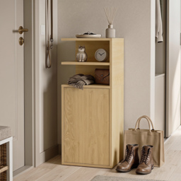 HOMCOM Slim Bedside Table Set of 2, Narrow Bedside Cabinet with Open Cubbies and Cupboard for Bedroom Living Room, Oak - thumbnail 8