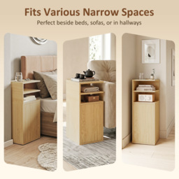 HOMCOM Slim Bedside Table Set of 2, Narrow Bedside Cabinet with Open Cubbies and Cupboard for Bedroom Living Room, Oak - thumbnail 7