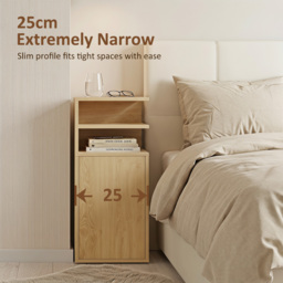 HOMCOM Slim Bedside Table Set of 2, Narrow Bedside Cabinet with Open Cubbies and Cupboard for Bedroom Living Room, Oak - thumbnail 4