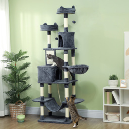 PawHut 206cm Cat Tree, Multi-Level Cat Tower with Scratching Posts and Board, Beds, Condos, Platforms, Toy Balls, Dark Grey - thumbnail 2