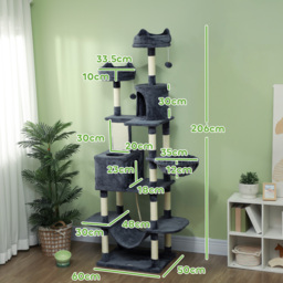 PawHut 206cm Cat Tree, Multi-Level Cat Tower with Scratching Posts and Board, Beds, Condos, Platforms, Toy Balls, Dark Grey - thumbnail 3