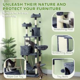 PawHut 206cm Cat Tree, Multi-Level Cat Tower with Scratching Posts and Board, Beds, Condos, Platforms, Toy Balls, Dark Grey - thumbnail 6