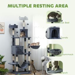 PawHut 206cm Cat Tree, Multi-Level Cat Tower with Scratching Posts and Board, Beds, Condos, Platforms, Toy Balls, Dark Grey - thumbnail 4