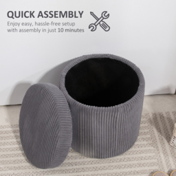 HOMCOM 40cm Round Storage Ottoman, Corduroy Footstool with Removable Lid and Legs, Vanity Stool for Living Room, Bedroom, Grey - thumbnail 7