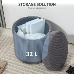 HOMCOM 40cm Round Storage Ottoman, Corduroy Footstool with Removable Lid and Legs, Vanity Stool for Living Room, Bedroom, Grey - thumbnail 6